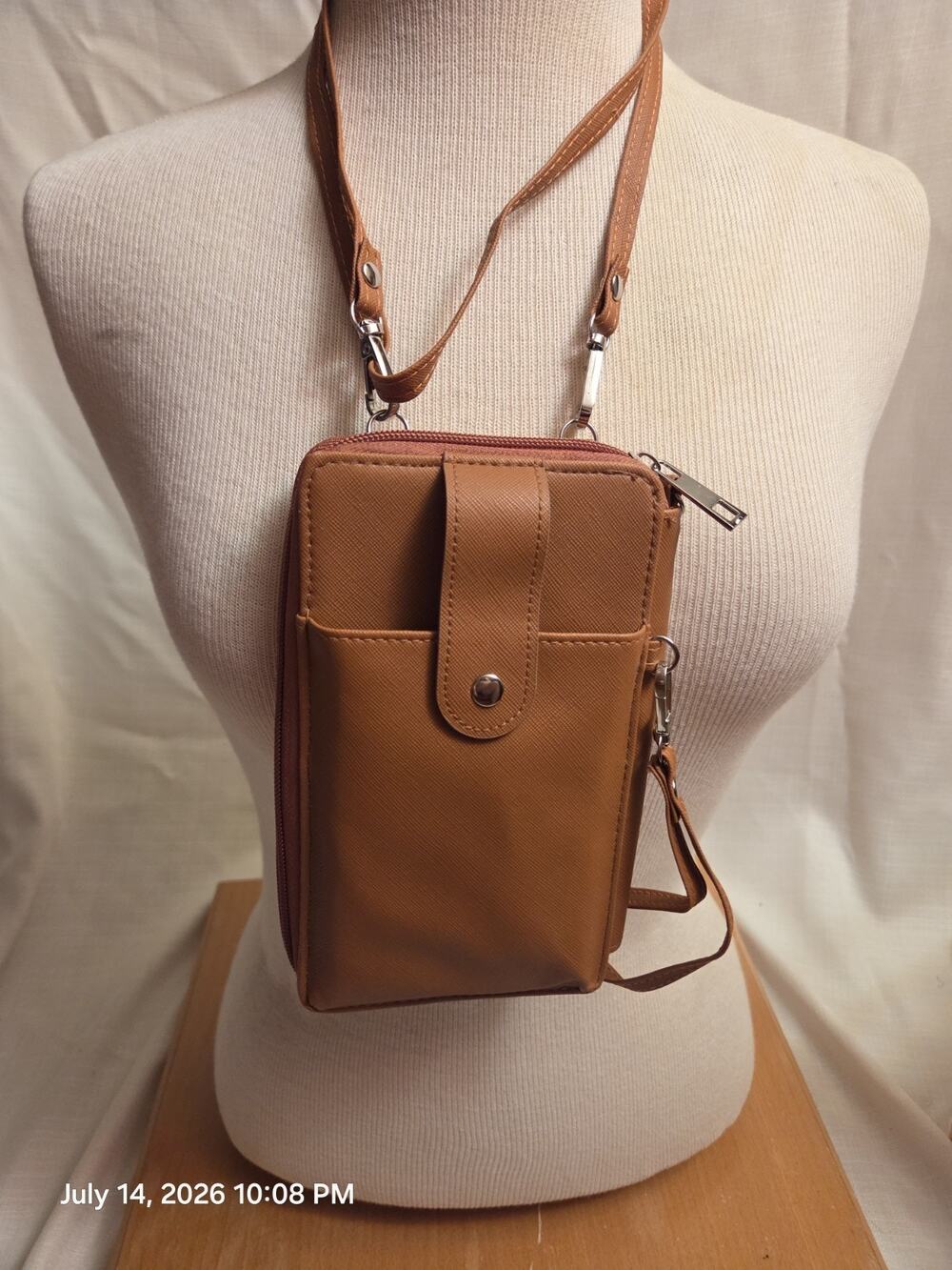 Brown Zip-Around Wristlet Wallet w/ Strap, Card Slots & ID Window